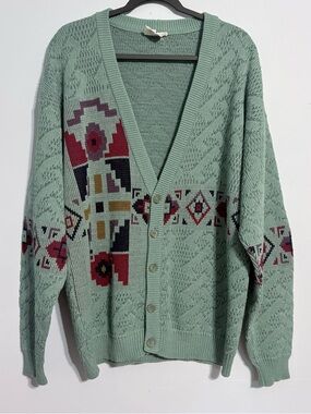 Vintage Grandpa Dad 90s Cardigan Agave Green Aztec Sweater Large
